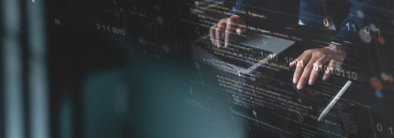 An AI-generated image of hands at a keyboard with lines of code overlaid.