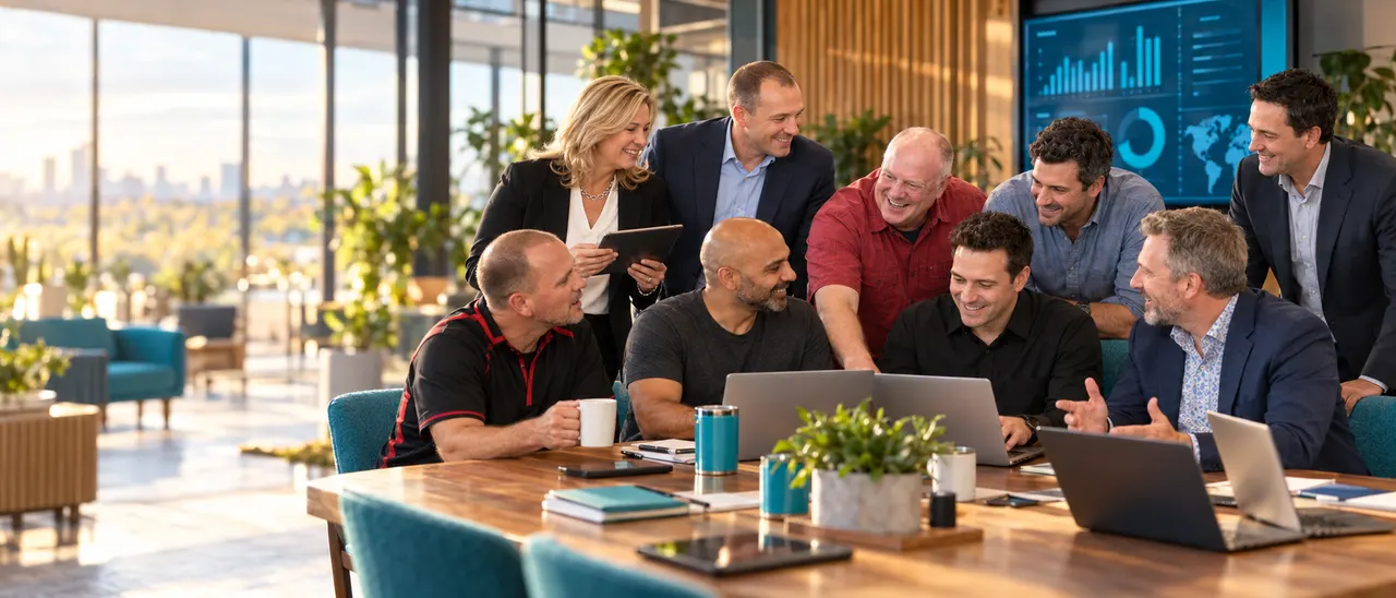 An AI-generated image of the Envorso team, made from our own photos, working together around a table.