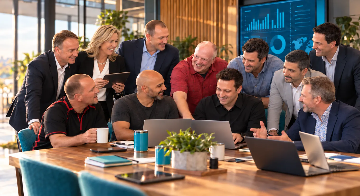 An AI-generated image of the Envorso team, made from our own photos, working together around a table.