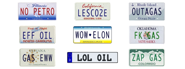 An array of insipid Tesla license plates